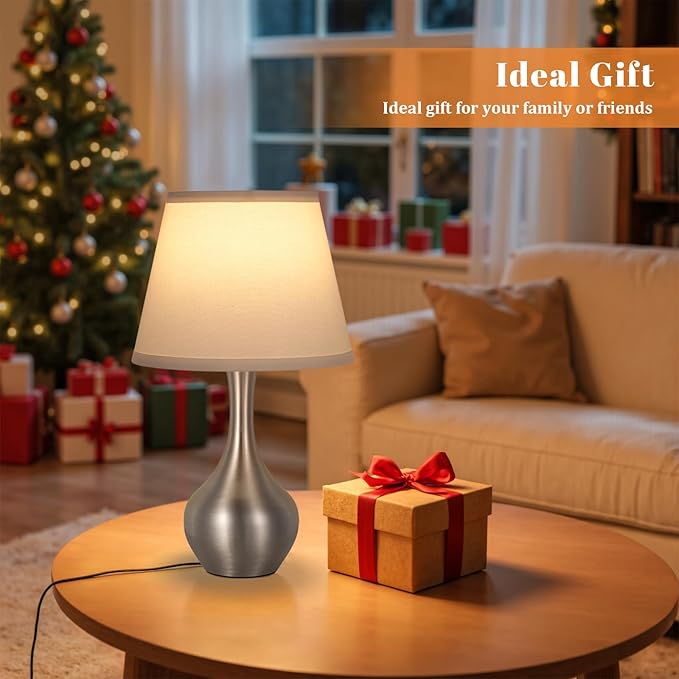 Seealle Touch Table Lamps for Bedroom Set of 2,3-Way Dimmable Small Bedside Lamps for Night Stands with Wires, Silver Desk Lamps for Kids Room,Office,Living Room, End Table(LED Bulbs Included) - Bloomnest