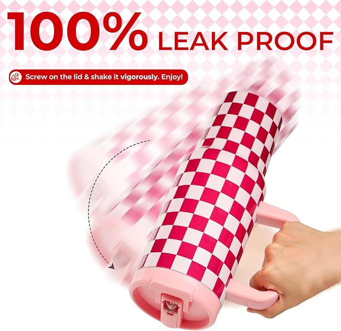 ProTour 100% Leakproof 40 oz Tumbler with Handle & 4-in-1 SipSwig Lid | Built-In Flip Straw & External Stainless Steel Straw | Insulated Stainless Steel Cup | BPA-Free | Pink Checkered - Bloomnest