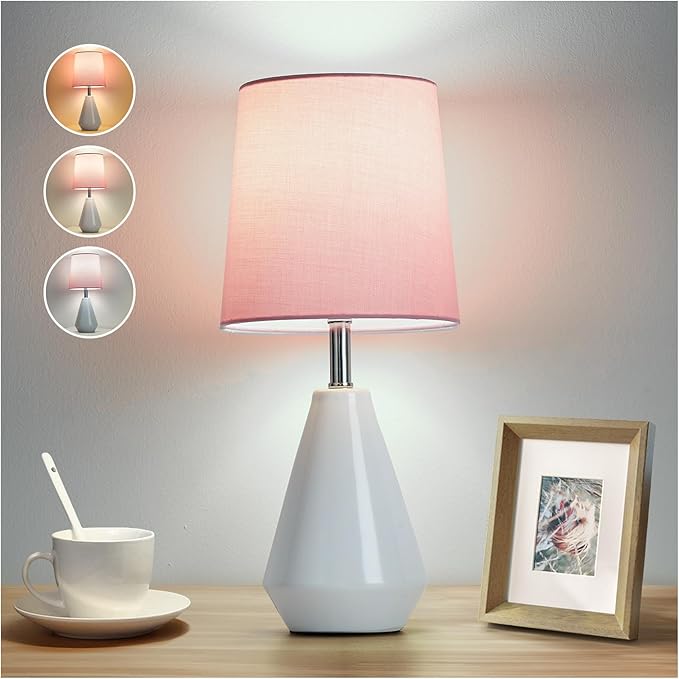 Small Bedside Table Lamp for Bedroom - Reading Desk Lamp with 3 Color Temperatures，15.5" Nightstand Ceramic Lamp with Fabric Shade for Kids Room,Living Room,Dorm,Home Office (White+Pink - Bloomnest