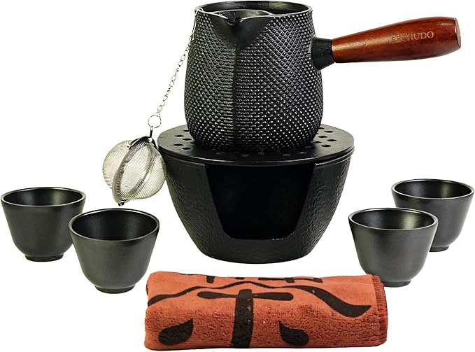 600ml Cast Iron Teapot Set, Japanese Tea Kettle for Stovetop without Lid, 20.3 fl oz Tea Set with Stainless Steel Teacups and Cast Iron Tea Warmer, Tea Ball for Loose Leaf, Wooden Side-handle - Bloomnest