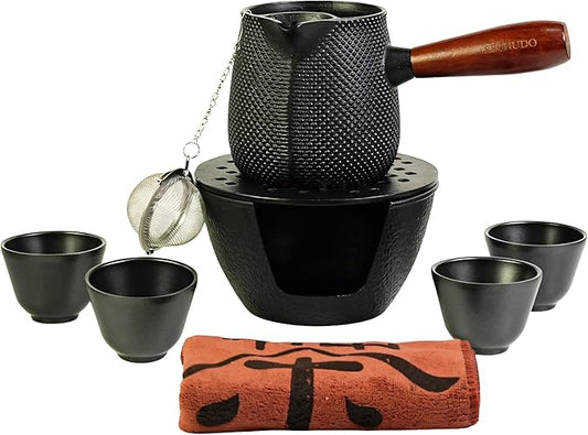 600ml Cast Iron Teapot Set, Japanese Tea Kettle for Stovetop without Lid, 20.3 fl oz Tea Set with Stainless Steel Teacups and Cast Iron Tea Warmer, Tea Ball for Loose Leaf, Wooden Side-handle - Bloomnest