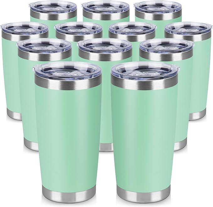 20 oz Tumbler Stainless Steel Tumblers Bulk with Lid Double Wall Insulated Coffee Tumbler Cups for Hot & Cold Drinks Powder Coated Travel Coffee Tumbler Mug Metal (Jade, 12 pack)