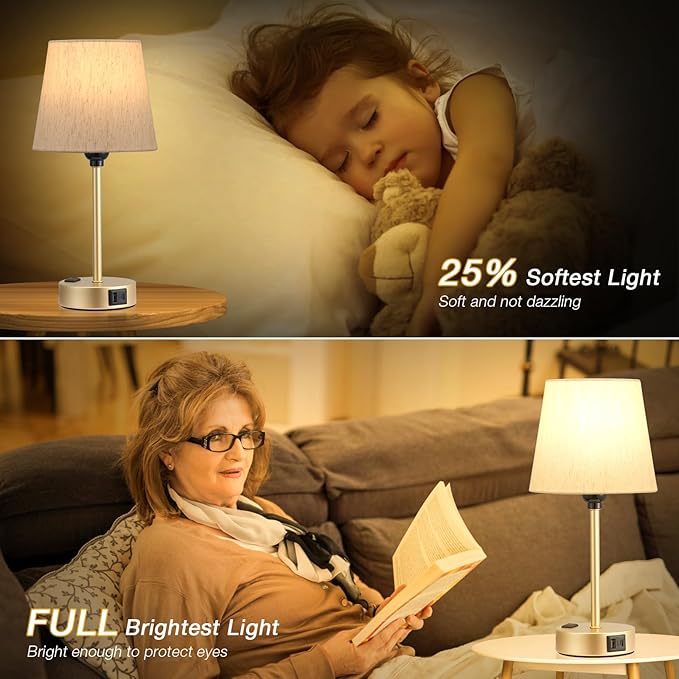 Acaxin Lamp for bedrooms Set of 2 - Nightstand Bedroom Lamp with USB C Port and AC Outlet Charging, 3 Way Dimmable Touch Control Bed Side Table Lamp, Small Night Stand Light for Kids/Guest Room - Bloomnest