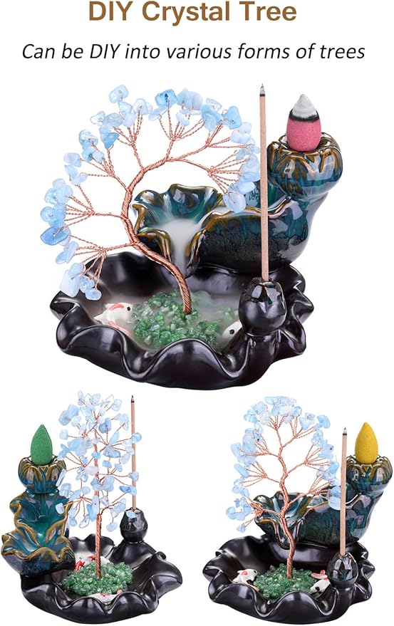 Jovivi Backflow Incense Burner Ceramic Incense Waterfall, Natural Aquamarine Healing Crystal Money Tree Incense Holder for Wealth, Good Luck, Yoga Meditation, Home Decor - Bloomnest