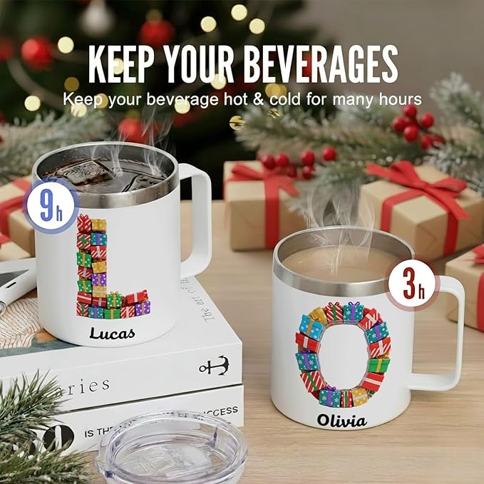 Personalized Christmas Mug with Name, 12oz Insulated Coffee Tumbler with Handle, Custom Present Wreath Initial Cup, Festive Holiday Xmas Gift for Women, Her, Mom(B04) - Bloomnest