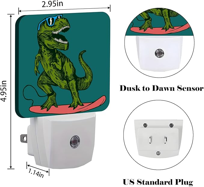 Green Dinosaur Surfing Night Light,Plug Into Wall with Dusk to Dawn Light Sensors, Warm Nightlights for Bedroom, Bathroom, Hallway, Kitchen, Gifts Ideal for Boys Girls Women Men - Bloomnest