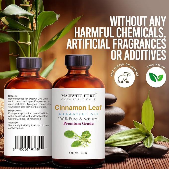 Majestic Pure Cinnamon Essential Oil with Glass Dropper - 1 Fl Oz - 100% Pure and Natural Cinnamon Oil - Premium Grade Essential Oils for Diffuser, Aromatherapy, Soap and Candle Making - Bloomnest