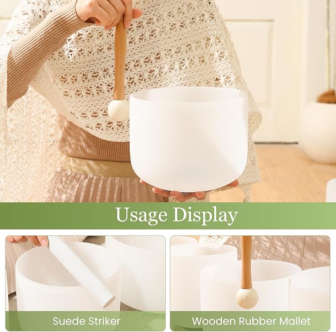 432HZ 7-11 Inch 3 Pcs White Frosted Crystal Singing Bowl Set for Meditation Healing Yoga Chakra Quartz Crystal Sound Bowls with Heavy Duty Carry Cases and Rubber Mallet,Suede Striker,O-rings - Bloomnest