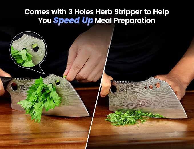 Meat Cleaver Chef Knife with Sheath, 7.7 Inch Butcher Knife with Herb Stripper, Chopping Knife Heavy Duty Bone Cutting, Damascus Pattern Full Tang Wood Handle, Birthday Gift for Men - Bloomnest