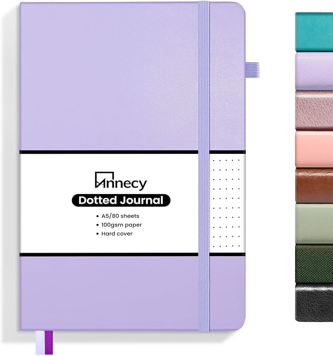 Annecy Numbered Bullet Dotted Journal Notebook, Medium 5.5x 8.25, 160 Pages 100GSM Writing Paper, A5 Purple Faux Leather Cover with Pen Loop - Bloomnest