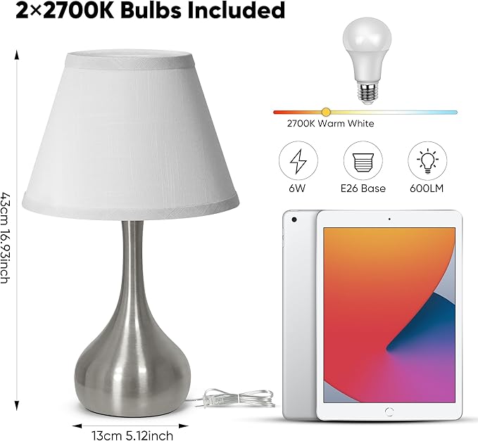 Touch Table Lamp for Bedroom Set of 2, 3-Way Dimmable Bedside Lamp for Nightstand, 17” Modern Metal Desk Lamp with Linen Shade for Living Room, Kids Reading, Dorm, Home Office Decor, Bulb Included - Bloomnest