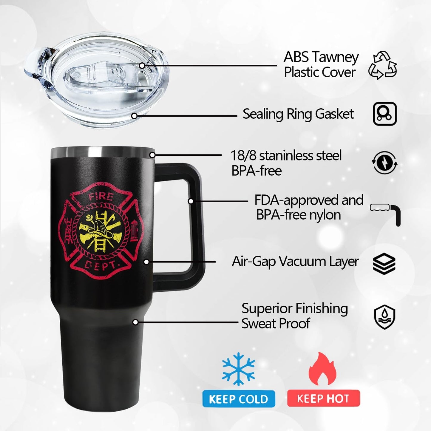 Ceovfoi Firefighter Gifts for Men,40 oz American Flag Tumbler with Handle Lid and Straw Stainless Steel Cups Mug, Firefighter Stuff Supplies Accessories