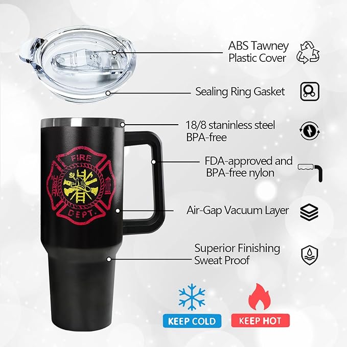 Ceovfoi Firefighter Gifts for Men,40 oz American Flag Tumbler with Handle Lid and Straw Stainless Steel Cups Mug, Firefighter Stuff Supplies Accessories - Bloomnest