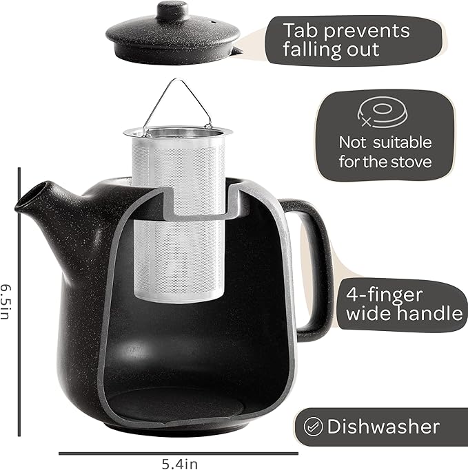 Steinzeit Design Tea Pot (44 oz) - Premium Ceramic Teapot with Infuser for Loose Tea - Black Teapot Ceramic with Removable Strainer - Bloomnest