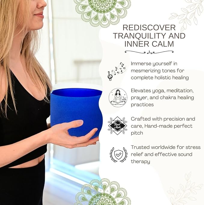 Indigo A Note Third Eye Chakra 8 inch Quartz Crystal Singing Bowl, for Healing Mindfulness Meditation Yoga Sound Baths, with Case Rubber Mallet - Bloomnest
