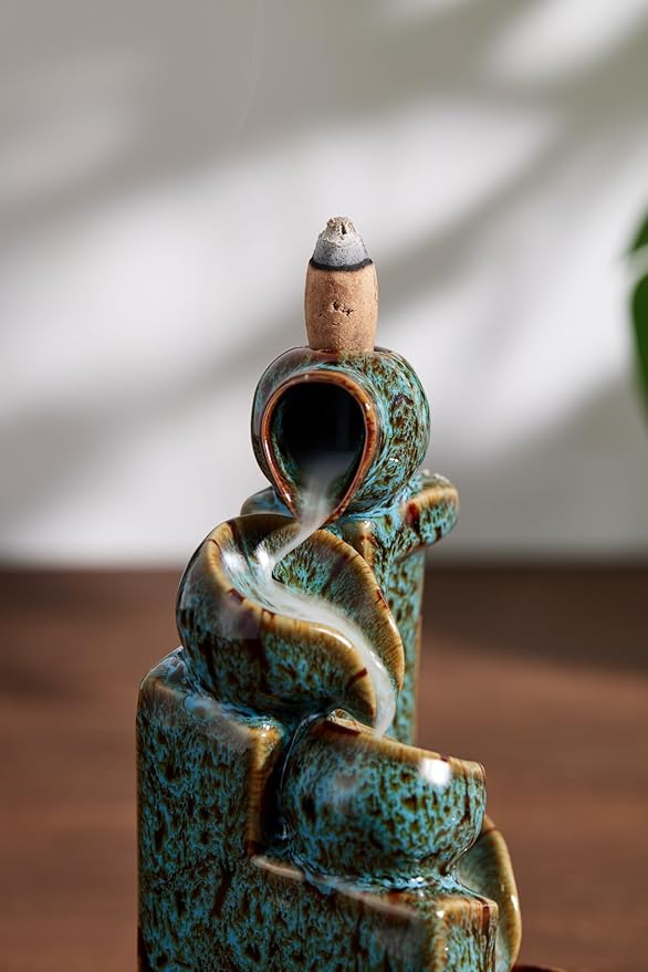 Unique Cascading Basins Ceramic Waterfall Incense Holder, Paired with a Pack of Backflow Incense Cones. (Fambe Blue) - Bloomnest
