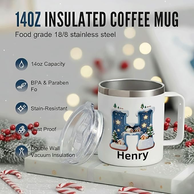 Personalized Christmas Mug with Name, 12oz Insulated Coffee Tumbler with Handle, Custom Magical Winter Village Scene Initial Cup, Holiday Xmas Gift for Women, Her (B09) - Bloomnest