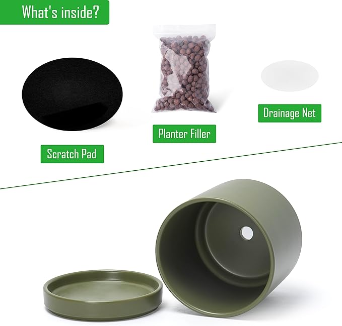 D'vine Dev Set of 2 Plants Pots, 6.5 Inch Ceramic Planter Pot for Plants with Drainage Hole and Saucer, Olive, 94-V-C-J - Bloomnest