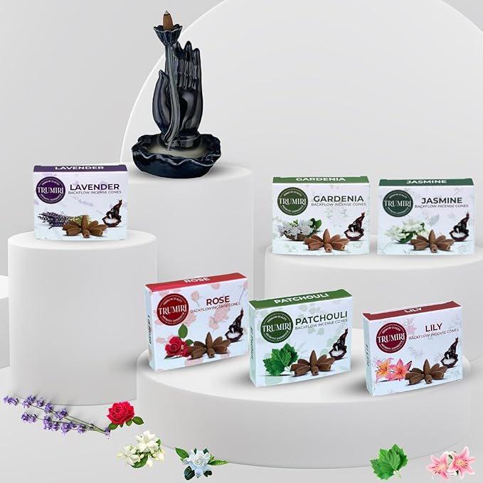 Floral - Backflow Incense Cones for Waterfall - Scented Inscents-Cones - Lavender, Jasmine, Rose, Patchouli, Lily, Gardenia - Insiensos Aromaticos - 6x10=60 Large Variety Pack