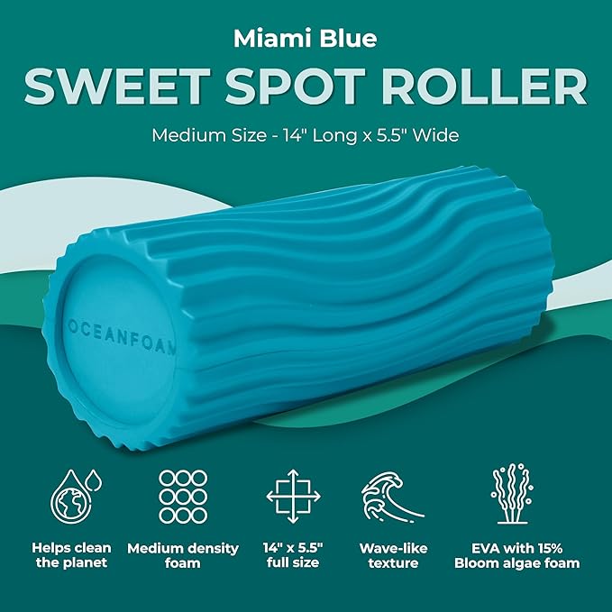 Oceanfoam Sweet Spot Medium Exercise Foam Roller 14"x5.5" – Medium Density Foam Roller for Physical Therapy, Deep Tissue Massage, Yoga, Pilates, Classic Exclusive Wave Texture (Miami Blue) - Bloomnest