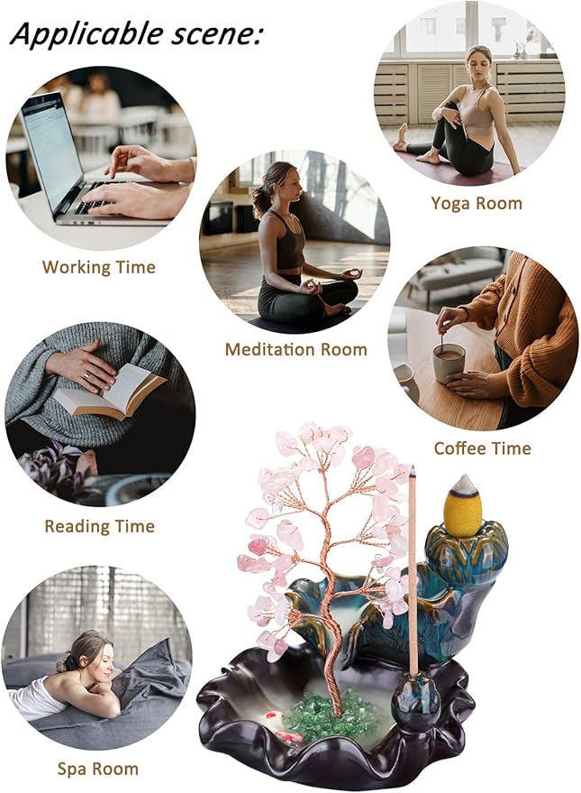 Jovivi Backflow Incense Burner Ceramic Incense Waterfall, Natural Rose Quartz Healing Crystal Money Tree Incense Holder for Wealth, Good Luck, Yoga Meditation, Home Decor - Bloomnest