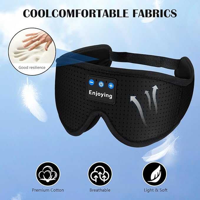Sleep Headphones, Sleep Mask Bluetooth Wireless Music Eye Mask, Sleeping Headphones for Side Sleepers Sleep Mask with Bluetooth Headphones Ultra-Thin Stereo Speakers for Sleeping (Black) - Bloomnest