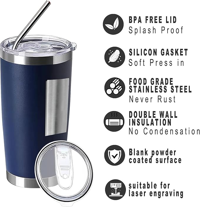 20oz insulted tumblers stainless steel cup Tumbler Bulk with push Lid, and metal straw powder coated coffee cup for cold and hot drinking (48, navy blue) - Bloomnest