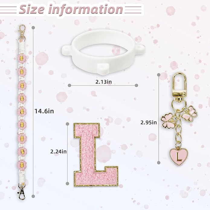 Compatible with Owala Water Bottle Accessories, Cute Letter Charm Set with Boho Handle Strap, Monogram Sticker, Silicone Ring, Keychain Decoration, for FreeSip 24 32 40oz, Owala Kids, Tumbler Gift SITKOL