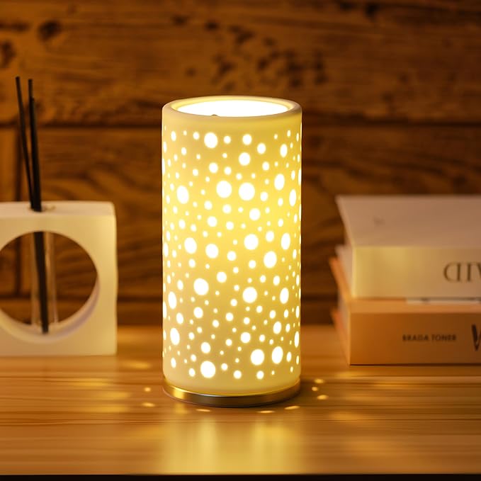Small Modern Ceramics Bedside Table Lamp, 4 x 4 x 8 Inch White Round Hole Style Nightstand Lamps, Side Table Lamps for Bedroom Living Room Entryway Table Light