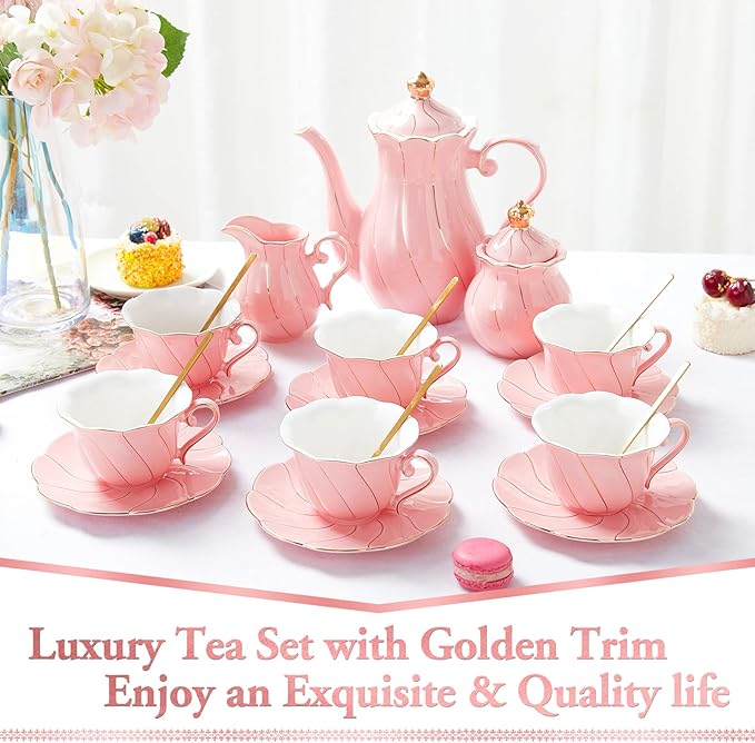 DUJUST 22 pcs Porcelain Tea Set for 6, Luxury British Style Tea/Coffee Cup Set with Golden Trim, Beautiful Tea Set for Women, Tea Party Set, Gift Package (With a Stand) - Pink - Bloomnest
