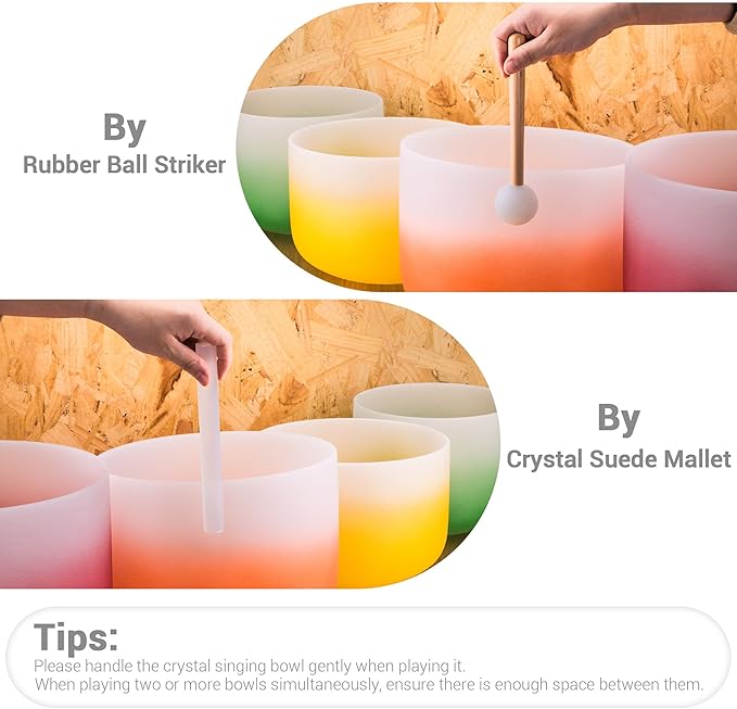 432Hz 6-12 Inch Set of 7 Quartz Crystal Singing Bowls with Gradient Colored Design, 2 Travel Carry Case Bags and Resonance Striker for Meditation and Sound Therapy - Bloomnest