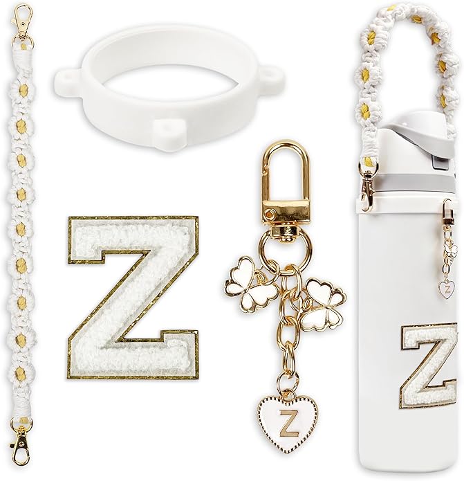 Compatible with Owala Water Bottle Accessories, Cute Letter Charm Set with Boho Handle Strap, Monogram Sticker, Silicone Ring, Keychain Decoration, for FreeSip 24 32 40oz, Owala Kids, Tumbler Gift SITKOL