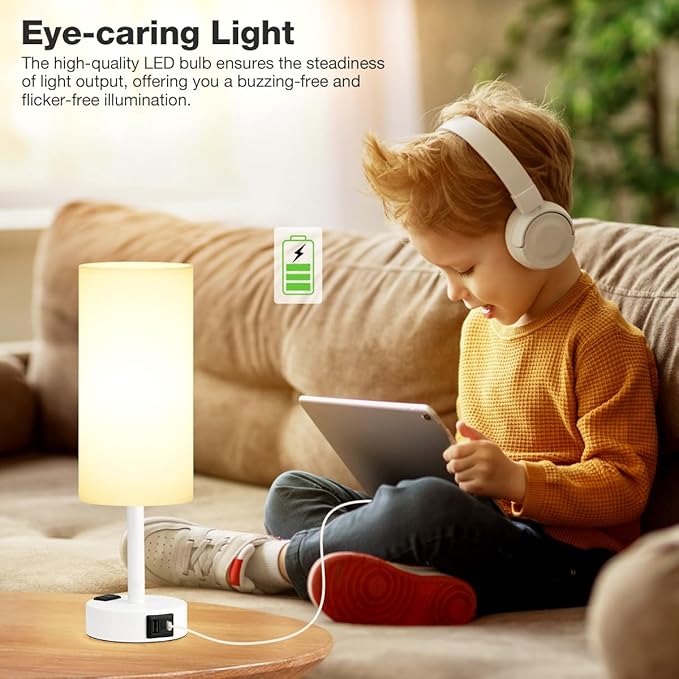 Fenmzee Matte White Bedside Table Lamp for Bedroom - 3 Way Dimmable Touch Lamp USB C Charging Ports and AC Outlet, Small Lamp Round Flaxen Fabric Shade for Living Room, Desk, LED Bulb Included - Bloomnest