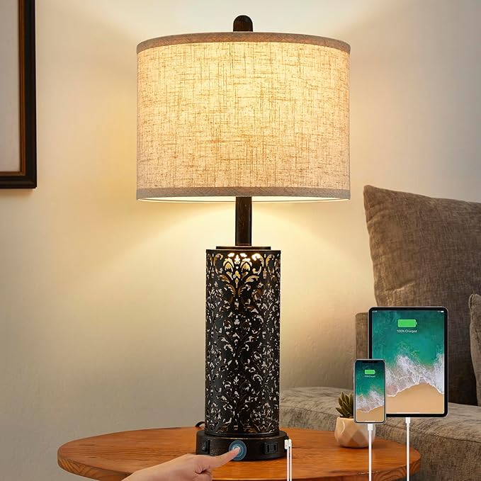26" Farmhouse Table Lamp Dual Light 3-Way Dimmable Touch Control, 2 USB Ports + AC Outlet Rustic Bedside Lamp for Living Room Bedroom and Nightstand with Nightlight (Black-1 Pack) - Bloomnest