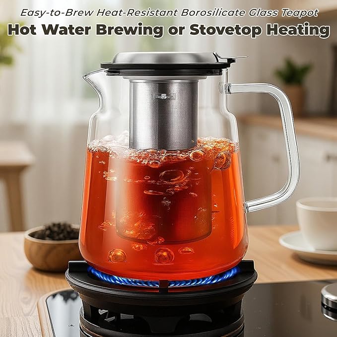 Aquach Glass Teapot with Removable Infuser - 57oz Borosilicate Tea Pot for Stovetop & Cold Brew, Stainless Steel Filter for Loose Leaf/Iced Tea - Bloomnest