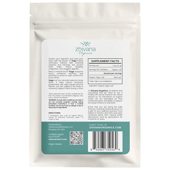 Organic Sage Leaves (4 oz.) - Sage Tea Loose Leaf (Salvia officinalis) – Edible Grade for Tea, Seasoning & Herbal Uses - Bloomnest
