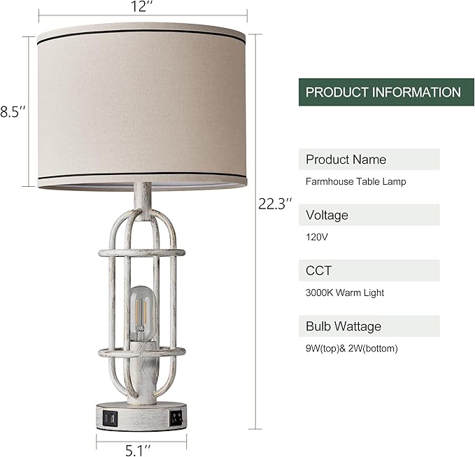 22.3" Farmhouse Table Lamps Set of 2, Vintage Lamps for Living Room End Tables, Bedroom Lamp for NightStand with USB C+A Ports, Antique White - Bloomnest