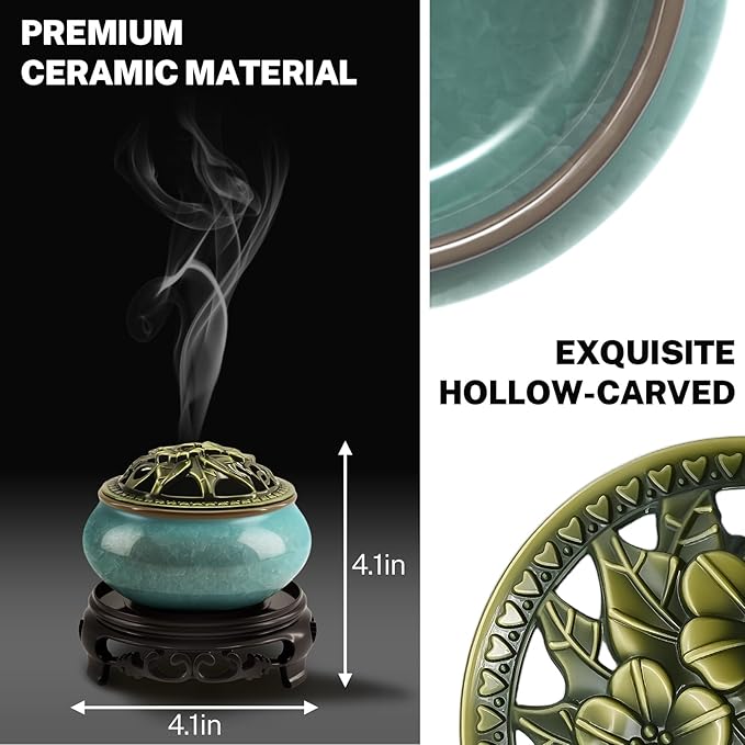 Ceramic Incense Burner with Lotus Incense Holder, Multi-Functional Incense Burner Holder for Incense Sticks, Coil Incense and Cones, Perfect Home Decor (Blue)