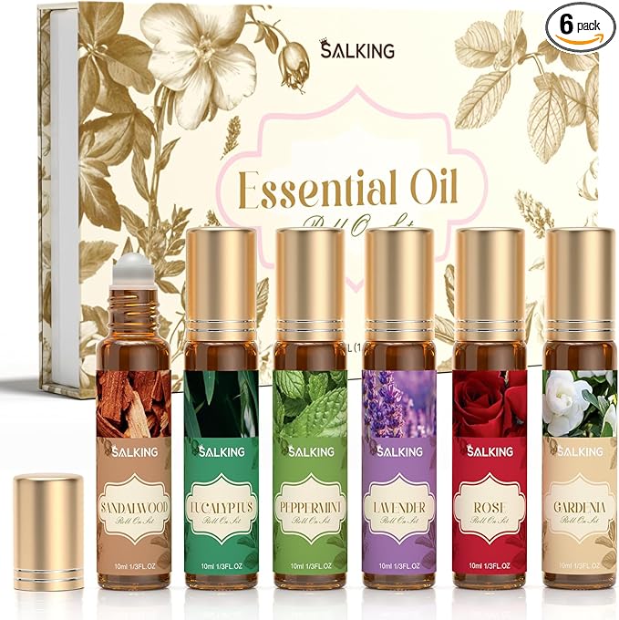 SALKING Essential Oils Roll On Set (6 Pack), Aromatherapy Oil with Roller Ball for Skin Use, Natural Fragrance Gift for Women and Men - Sandalwood, Eucalyptus, Peppermint, Lavender, Rose, Gardenia - Bloomnest