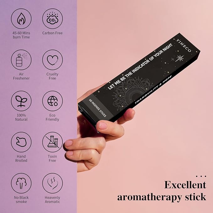 Incense Sticks Set of 60 - Organic Sandalwood, White Sage & Jasmine for Relaxation, Meditation & Aromatherapy, Long-Lasting Sensory Sticks (Black) YINECO