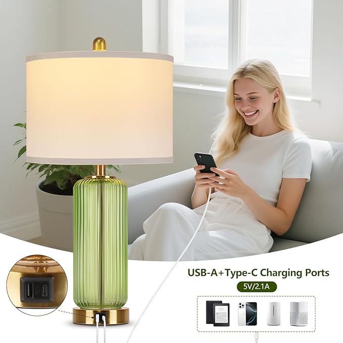 Table Lamps Set of 2 with Touch Control, 3-Way Dimmable Nightstand Lamp with Vertical Grained Glass, 27" Modern Glass Bedside Lamps with USB A+C Ports, Green Bedside Table Lamps, Desk Lamp for Bedroom - Bloomnest