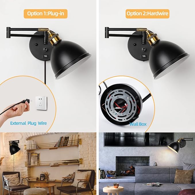 Swing Arm Wall Sconces, Plug-in Wall lamp,Bedroom Wall lamp ， White Fabric Shade，，with dimmable Switch and USB Charging Port, Suitable for Bedside, Living Room, Reading (Metallic Black) - Bloomnest