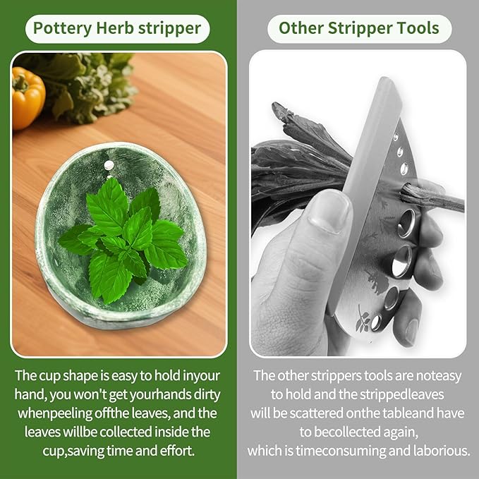 Herb Stripper, Herb Chopper, Herb Stripper Bowl, Kitchen Herb Stripping Tool for Kale, Small Pottery Herb Stripper Ceramic Bowl, Suitable for Peeling off the Leafy Assembly (Green Glaze) - Bloomnest