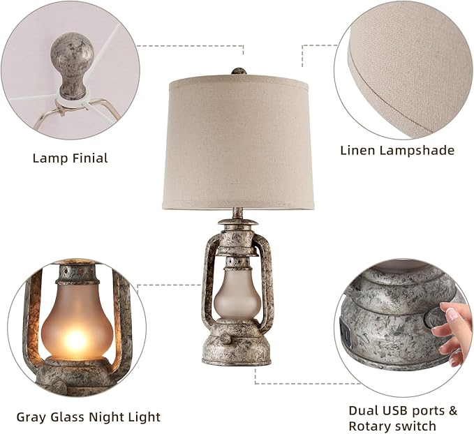 RORIANO Farmhouse Rustic Table Lamps for Living Room Set of 2, Vintage Lantern Table Lamp with Dual USB Ports, Retro Nightstand Lamp for Bedroom Bedside, 4 Bulbs Included (Iron Gray) - Bloomnest