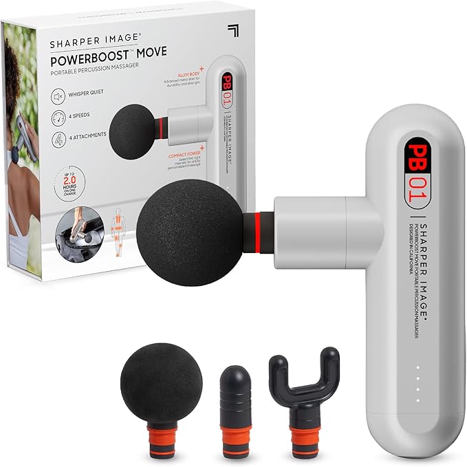 Sharper Image Powerboost Move - Mini Percussion Massage Gun| 4 Attachments, 4 Speeds| Full Body Back & Shoulder Massager| Muscle Recovery & Pain Relief| Deep Tissue Massage Tool| Wellness Gift - Bloomnest