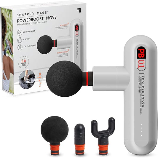 Sharper Image Powerboost Move - Mini Percussion Massage Gun| 4 Attachments, 4 Speeds| Full Body Back & Shoulder Massager| Muscle Recovery & Pain Relief| Deep Tissue Massage Tool| Wellness Gift - Bloomnest