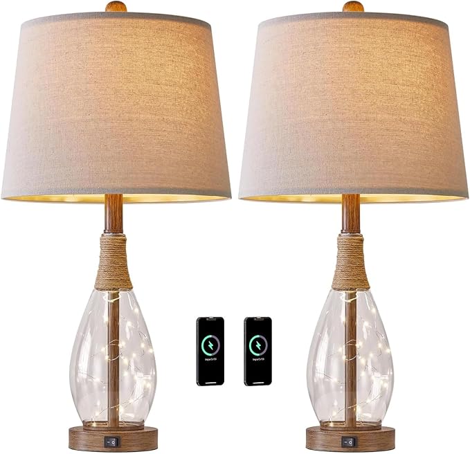 OYEARS 23" USB A+C Table Lamp Set of 2 Modern Bedside Lamps Retro Farmhouse Rattan Glass Nightstand Nightlight Lamps for Bedroom Living Room Dorm,Two Light Points - Bloomnest