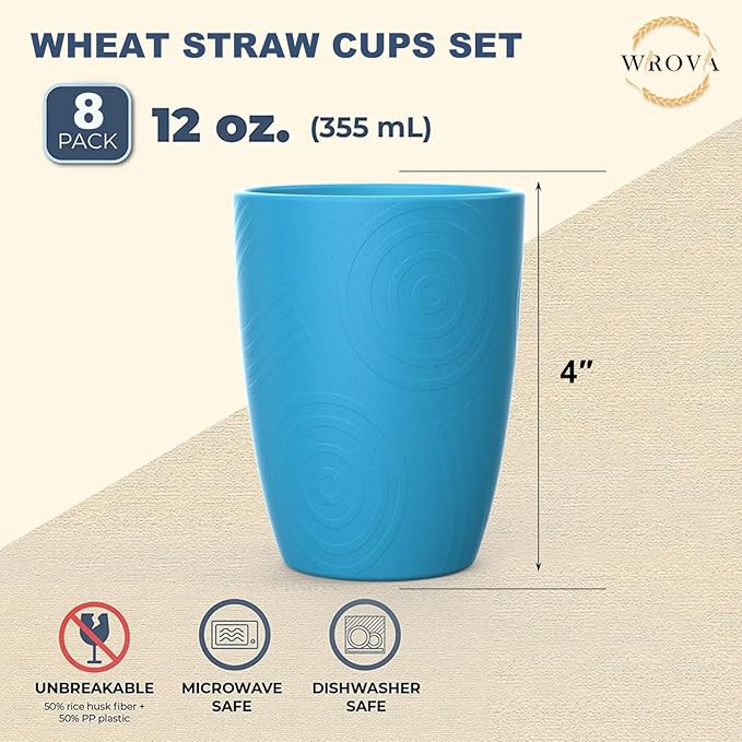 Wheat Straw Cups 8 PCS Good Alternative to Plastic Reusable Cups 12 oz Unbreakable Drinking Cup Reusable Dishwasher Safe Water Plastic Glasses - Ocean Series - Bloomnest