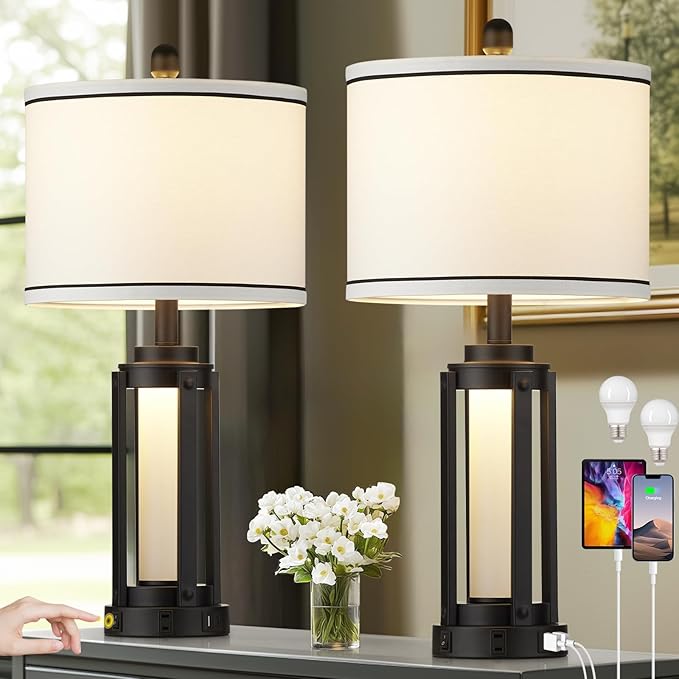 Industrial Table Lamps Set of 2, Modern Beside Lamp with USB A+C Charging Ports & AC Outlet, Rustic Nightstand Lamp with LED Night Light for Living Room Bedroom End Table Entryway Black Bulbs Included - Bloomnest