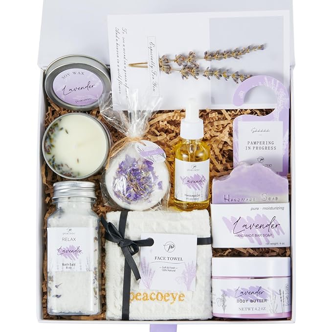 Spa Gifts for Women Valentines Day Mothers Day Gifts Bath Gift Baskets Relaxing Spa Self Care for Mom Her Sister Wife Auntie Home Bath Care Package Thank You Birthday (Purple -Spa for Women)